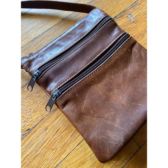 Vintage Distressed Brown Leather Mini Crossbody Bag w/Multiple Pockets - Picture 3 of 12